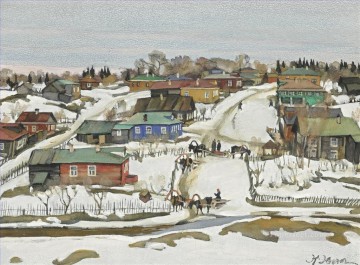 Paisajes Painting - A principios de la primavera en el pueblo Konstantin Yuon escenas de la ciudad del paisaje urbano
